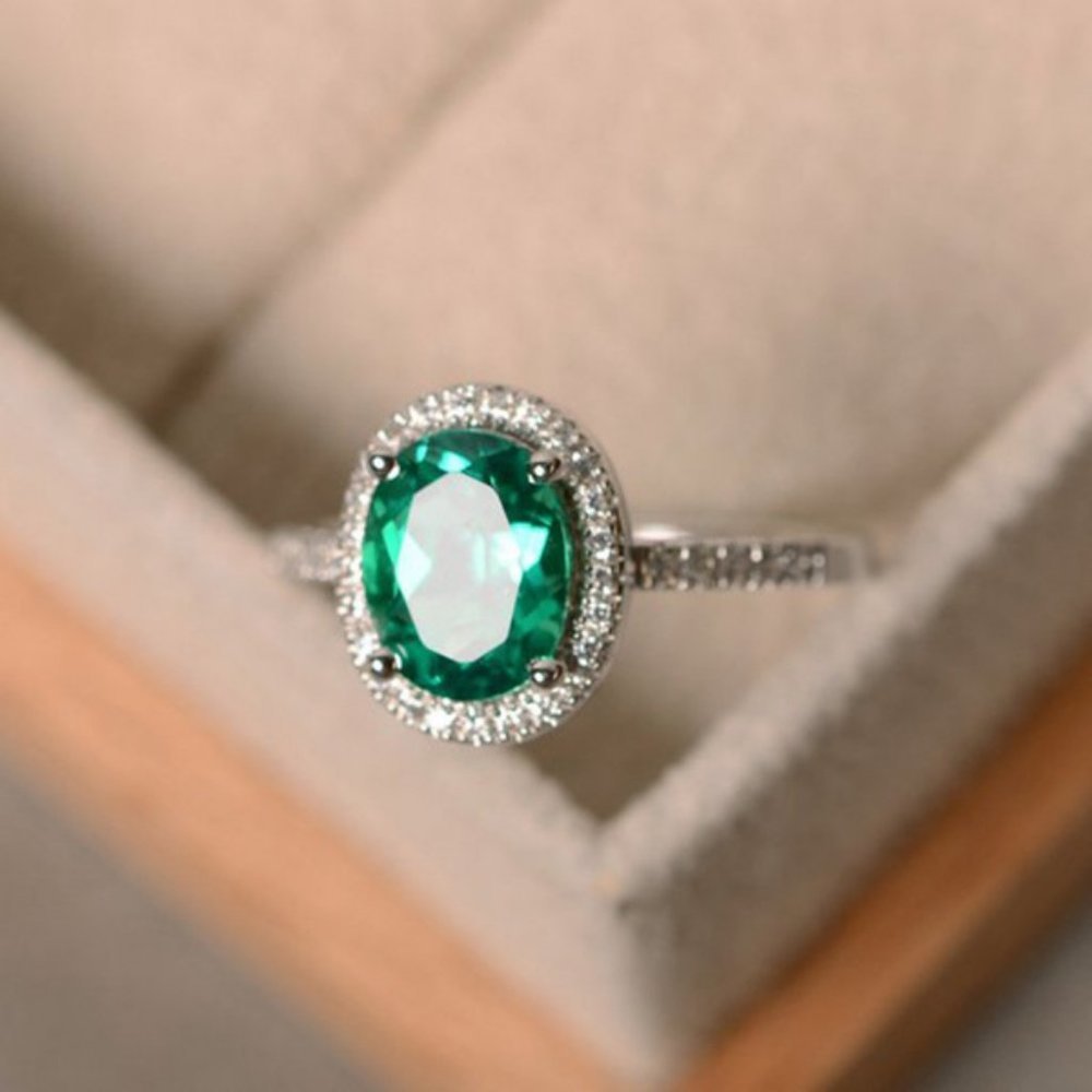 NEW Silver Emerald Diamond Halo Oval Cut Ring - Picture 3 of 6